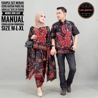 Merak Merah Couple Sarimbit Batik Katun Sragenan Setelan Ld 150 Jumbo Fit XXXL Hem Full Puring By SM