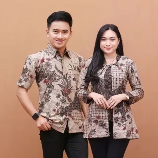 couple batik manuk krem kembang merah original hilmi super seragam batik pasangan suami istri sarimbit batik ori 12.12 baju natal hem blouse grosir