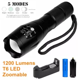 Lampu Senter 1200 Lumens T6 LED 5 Mode + Baterai Universal + Charger Universal