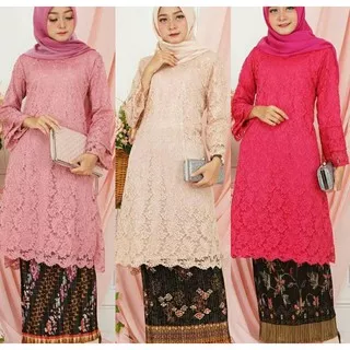 Setelan Kebaya Modern Tunik Brokat Set Kebaya Wisuda , Baju Kurung Brokat Fushia dan Dusty Pink Set Rok Plisket Batik Aneka Warna