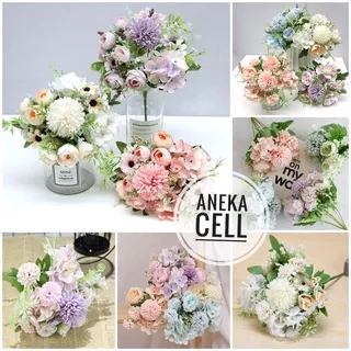 [NEW] BUKET BUNGA PEONY POM POM HYDRANGEA Bunga Rose Artificial Plastik Palsu Buatan Mix Mawar Dandelion Daun Artificial Bunga Pajangan Rumah Kamar Hantaran Kembang Wedding Nikahan Tanaman Daun Rambat