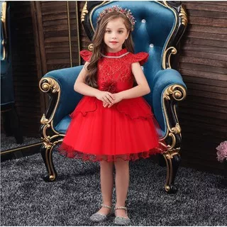 Baju Dress Anak Cewek Import Premium Dress Party Rhine Stone Round Neck Flower Red Merah-DRS 0770