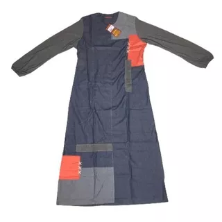 Dannis Koko Pendek XL Abaya Gamis Soft Denim Blue Navy Orange Patch Work Stitch XL