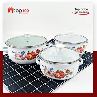 PANCI ENAMEL SET TEBAL PANCI 3 SUSUN SOUP POT SAUCE PAN JADUL VINTAGE MOTIF BUNGA DENGAN TUTUP KACA