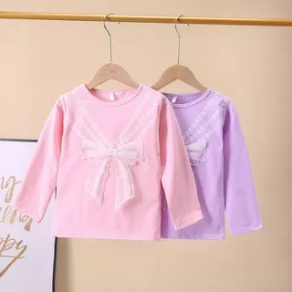 Kaos Panjang Anak Perempuan Motif Pita Renda Bahan Katun Casual Style Import Baju Atasan Balita