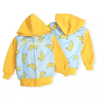 Jaket Anak Unisex Banana Printing Biru Kuning Zipper Hodie