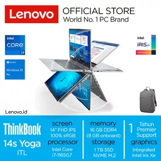 Lenovo ThinkBook 14s Yoga i7 1165G7 Win10 Pro 16GB 1TB SSD 14 FHD Touch Intel Iris Xe 3JID 3KID Integrated Pen Laptop Bisnis SMB ITL 2in1 Touchscreen Convertible Slim Ringan Tipis Mineral Grey 20WE003JID Abyss Blue 20WE003KID