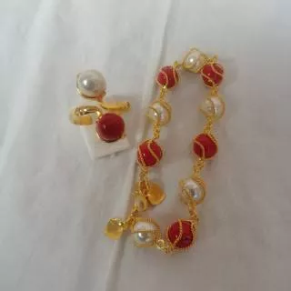 Gelang Mutiara Set Cincin Shell Kecil Ikat Lapis Emas 24k