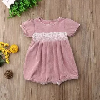 Baju anak / baju bayi model romper bludru vintage pink (MXM) Belinda.