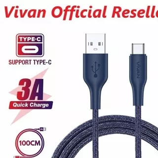 kabel data usb tipe C Vivan FC100S 3A 100cm / 1M USB-C Type C fast charging Data Cable with Velcro Strap garansi original 100%