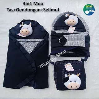 3 in 1 Set Tas Bayi Gendongan Dan selimut Baby  Paket Perlengkapan Bayi Model Boneka Sapi SiiMoo Tas Ukuran Kecil