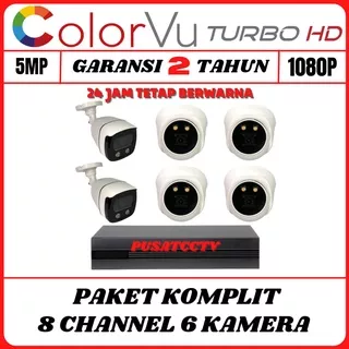 PAKET CCTV COLORVU 8 CHANNEL 6 CAMERA TURBO HD FULL COLOR IR SONY 5MP 1080P PAKET KOMPLIT TINGGAL PASANG KAMERA CCTV