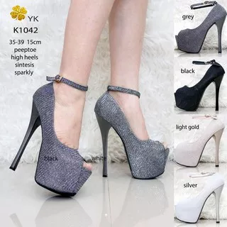 YKshoes 1042 high heels 15cm 15 cm peep toe shoes import sepatu wanita bartier silver gold grey hita