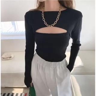 [Premium] cut Out Knit Top Open chest Long Sleeve Blouse crop y2k korean style atasan rajut bolero super crop sweater kendal