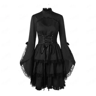 Gothic Dark Dress Women 2019 New O-Neck Long Sleeve Lace Patchwork Lacing Dress Autumn Winter Black 