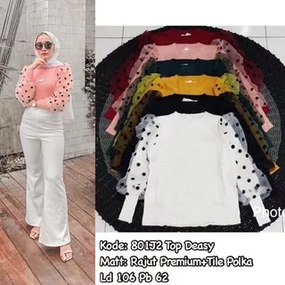 Atasan Wanita Blouse Rajut Knit Polky Lace Bangkok Lengan Balon Polkadot Premium Original Terbaru