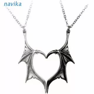 NAV 2Pcs Personality Punk Heart Wing Necklace Lovers Vinatge Bat Wing Heart Couples Pendant Necklace Set Fashion Jewerly