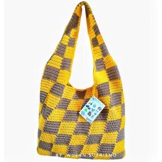 crochet checkered shoulder tote bag / tas rajut simple / tas rajut wanita / tas rajut / tas masa kini / tas handmade / tas simple / tas catur / tas custome