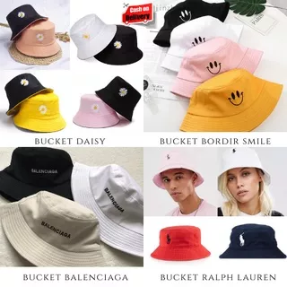 Bucket Hat Bordir Daisy / Smile / Balenciaga / Polo Ralph Lauren Unisex Remaja Hingga Dewasa Kualitas Premium