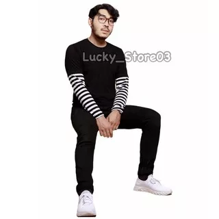 Kaos Polos Tangan Panjang Aplikasi Polos + Stripe Hitam Putih - Kaos polos Bandung