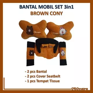 Bantal Mobil BROWN CONY Set 3in1 Bantal Mobil Cover Seatbelt Tempat Tissue Karakter BROWN CONY lucu