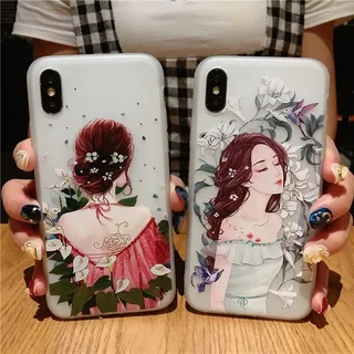 Casing TPU Samsung Galaxy A13 A23 A33 A53 A72 A03S A21S A11 M11 A01 Core A31 A71 A51 A10 M10 A20 A30 A50 A70 A80 A10S A20S A30S A50S A8 A7 A6 Plus 2018 Elegant girl with flowers Transparent white frosted phone case