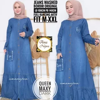 Queen Maxy Jeans Levis Jeans Terbaru Gamis Dress Wanita Terbaru Ld 108 Full Kancing Fit M -XXL Busana Muslim Wanita