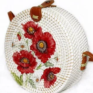 TAS ROTAN DECO MOTIF BUNGA MERAH DIAMETER 15 CM DAN 20 CM