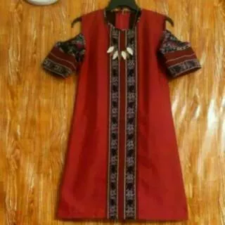 Dress tenun kombinasi merah mewah