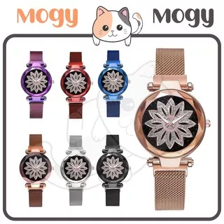 MOGYMOGY J158 Jam Tangan Perempuan Motif Bunga Glitter Rantai Magnet Woman Flower Watch Fashion Murah