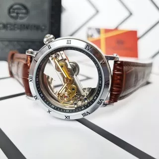 (COD) Jam Tangan Pria Original FORSINING Lucid Tali Kulit Coklat Automatic Otomatis Tembus Pandang