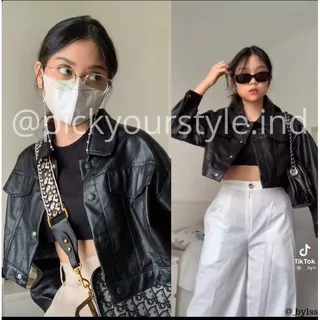 jaket kulit crop lengan panjang leather jacket blazer wanita casual kancing jas