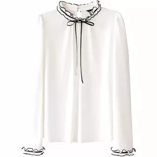 Baju Blus Putih Lengan Panjang Wanita Polos Rempel Size XL L M Blouse Atasan Wanita Korea Variasi Pita Leher Blouse Kerja Putih Merah Hitam Navy Bisa COD Bayar di tempat Gosend Grab Sameday