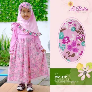 Gamis Anak Katun Jepang Twill Poplin Tutu Warna pink muda Kombinasi Bunga usia 5-7 tahun