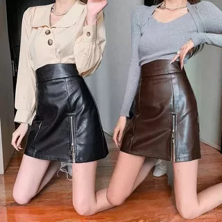 Rok Mini/ Mini Skirt/ Rok Pendek/ Rok Diatas Lutut/ Mini Leather Skirt/ Rok Mini Wanita Ramping Slimfit Model Split Resleting Depan Paha