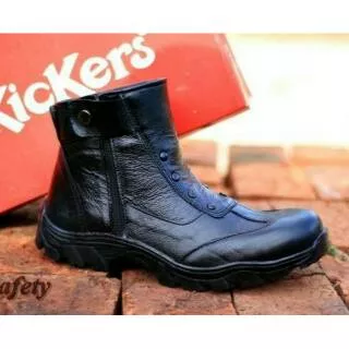 Sepatu kickers boots adventure safety ujung besi kulit asli tracking kerja pria Hitam leather zipper