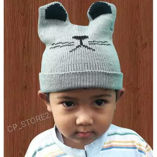 Topi Kupluk Rajut Bayi Telinga Kucing Lucu / Beanie Hat Anak Bayi Rajut Motif Kucing Warna