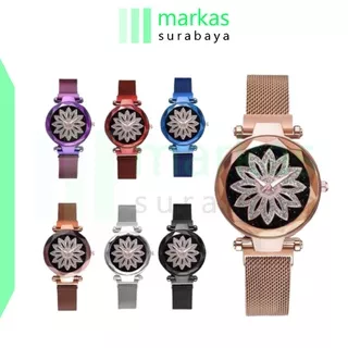 MARKAS J158 Jam Tangan Perempuan Motif Bunga Glitter Rantai Magnet Woman Flower Watch Fashion Murah