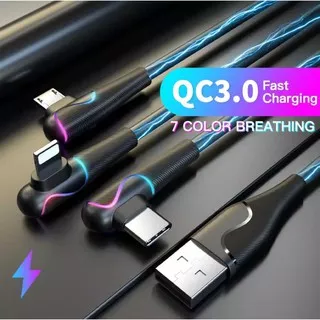 Kabel Data Fast Charging LED Type C Micro USB Samsung Oppo Vivo Xiaomi LED 3.0A