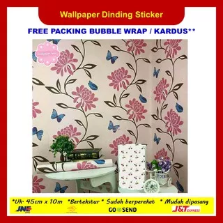 Wallpaper Sticker Dinding Blue Butterfly Pink Flower Walpaper Stiker