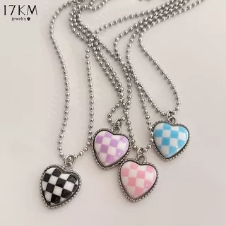17KM Fashion Round Beads Silver Necklace Colorful Checkerboard Mesh Heart Pendant Choker Jewelry Accessories