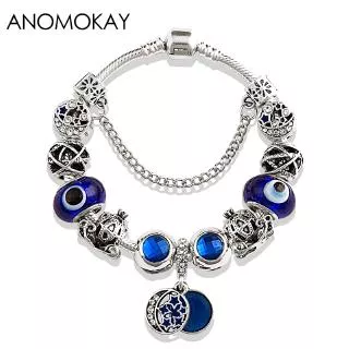 Silver Shining Star Moon Beads Bracelet Royal Blue Crystal Charm Bracelets & Bangles Jewelry Gift