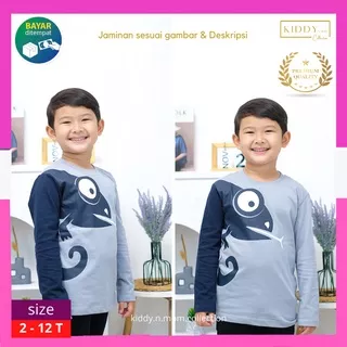 Kaos Lengan Panjang Anak Laki Laki Baju Kaos Panjang Fashion Anak Cowok Usia 1 2 3 4 5 6 7 8 9 11 12 Tahun Branded Distro Kekinian Motif Animal Chameleon Grey