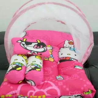 Set kasur bayi kelambu lipat bantal guling karakter babybess hello kitty keropi doraemon cars