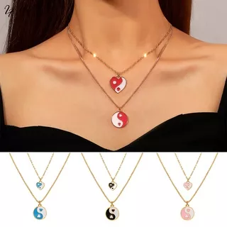Fashion Jewelry Tai Chi Pendant Multilayer Necklaces Colorful Heart Gold Chain Necklace for Women Accessories