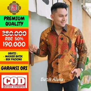 Baju Batik Pria Lengan Panjang Kemeja Batik Pria Pakaian Kerja Kantor Modern Bahan Katun Prima Kwalitas Premium Motif Terbaru Kekinian Model Mewah Elegan Original Produksi Batik Aluna BA 093