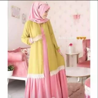 Gamis wollycrape /gamis syari/gamis cardigan/gamis rempel renda/abaya kuning pink