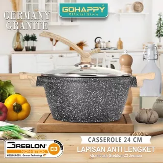 Granite PAN POT 24Cm Jerman | Casserole With Glass Lid | GOHAPPY CASSEROLE GERMANY GRANITE | Panci Sehat Anti Lengket