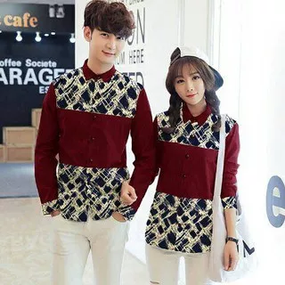 FREE ONGKIR - Baju Pasangan Kemeja Couple Batik Maroon Lengan Panjang Keren Modis