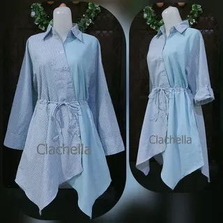 Clachella Baju Tunik Motif Kotak Kombinasi Polos, Baju Atasan Wanita T52C8061